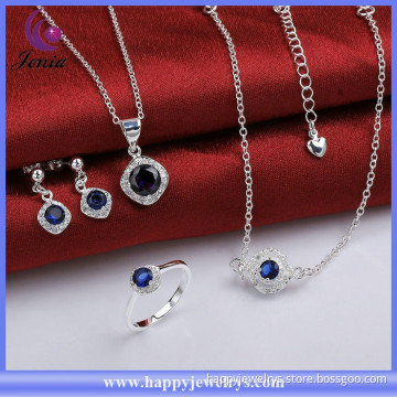 Square charm design blue zircon 925 silver plated pendant,ring ,earring ,anklet fashion jewelry set ( SPCS780-B)